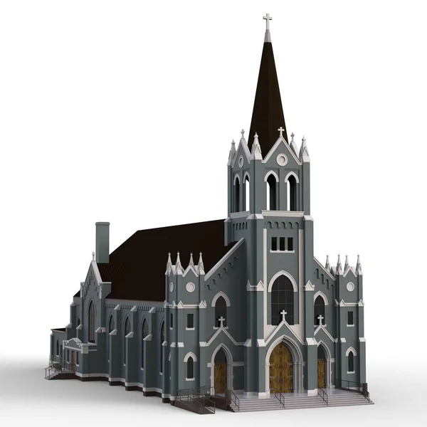 Byggnaden av den katolska kyrkan, utsikt från olika sidor. Tredimensionell illustration på vit bakgrund. 3D-rendering. — Stockfoto