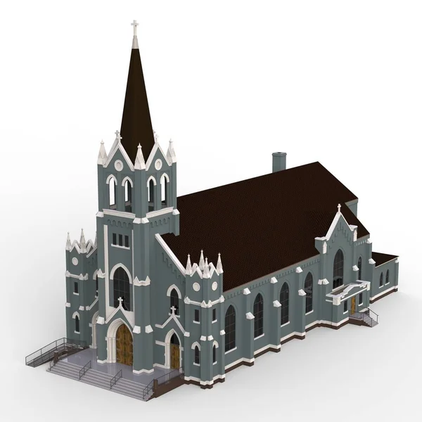 L'edificio della chiesa cattolica, vista da diversi lati. Illustrazione tridimensionale su sfondo bianco. rendering 3d . — Foto Stock
