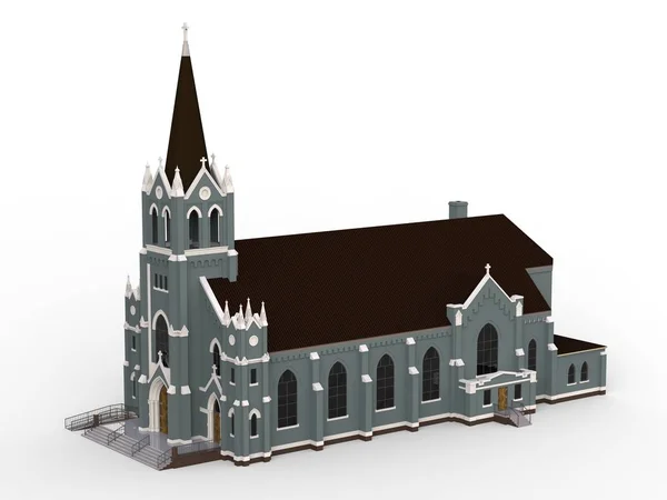 Der Bau der katholischen Kirche, Ansichten von verschiedenen Seiten. dreidimensionale Illustration auf weißem Hintergrund. 3D-Darstellung. — Stockfoto