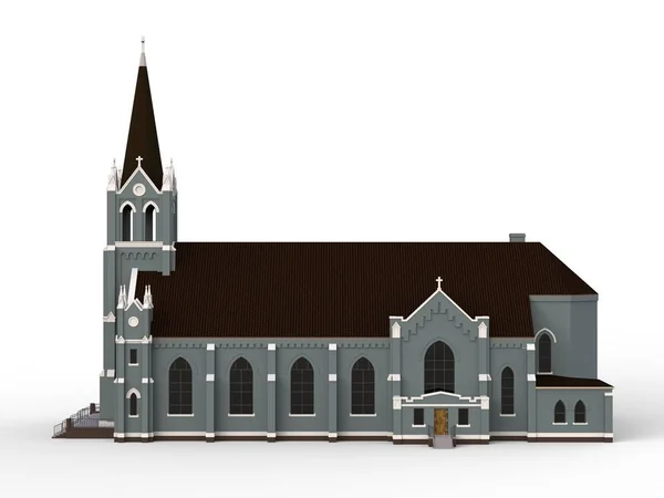อาคารโบสถ์คาทอลิก มุมมองจากด้านต่าง ๆ ภาพประกอบสามมิติบนพื้นหลังสีขาว การแสดงผล 3D . — ภาพถ่ายสต็อก