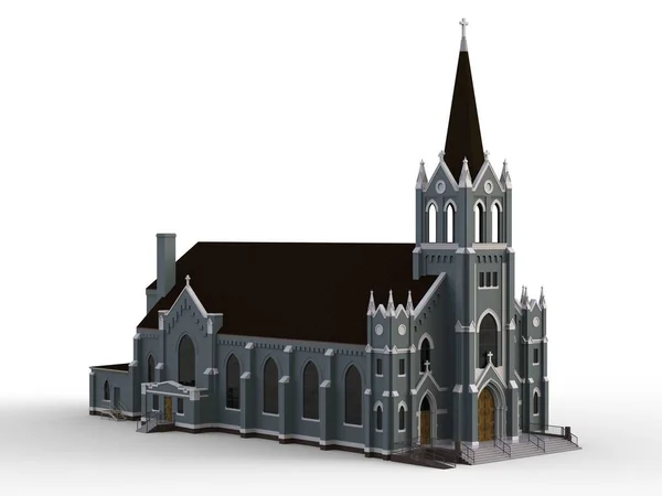 Der Bau der katholischen Kirche, Ansichten von verschiedenen Seiten. dreidimensionale Illustration auf weißem Hintergrund. 3D-Darstellung. — Stockfoto