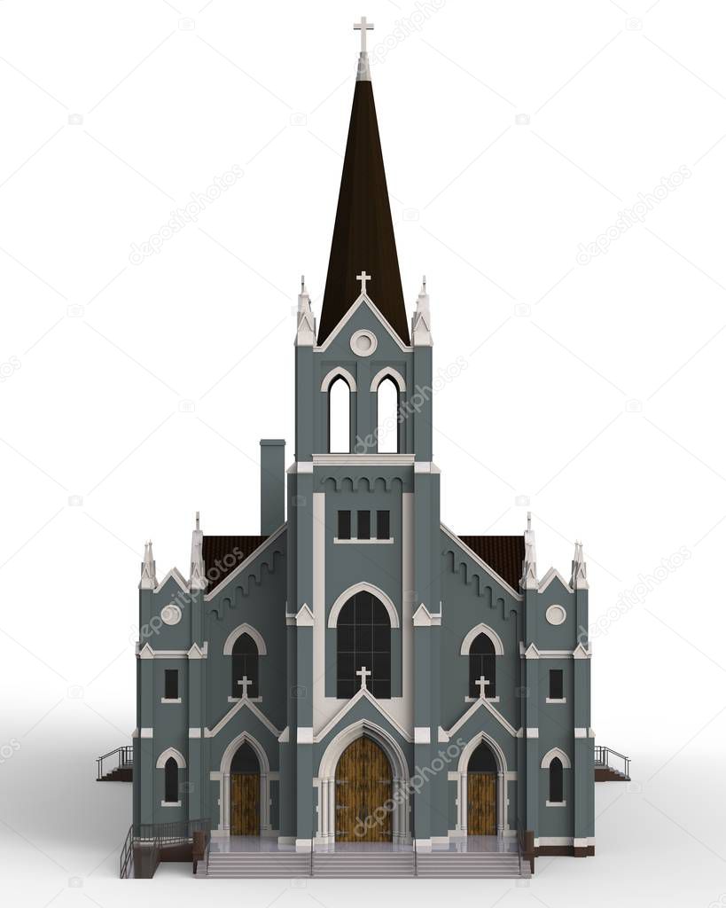 The building of the Catholic church, views from different sides. Three-dimensional illustration on a white background. 3d rendering.