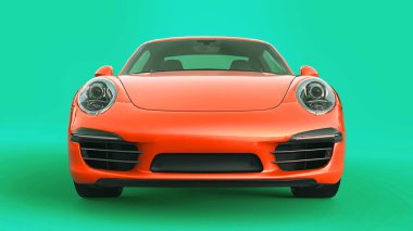 Turuncu Porsche 911'i üç boyutlu raster illüstrasyon yeşil bir arka plan üzerinde. 3D render.