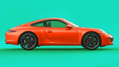 Turuncu Porsche 911'i üç boyutlu raster illüstrasyon yeşil bir arka plan üzerinde. 3D render.
