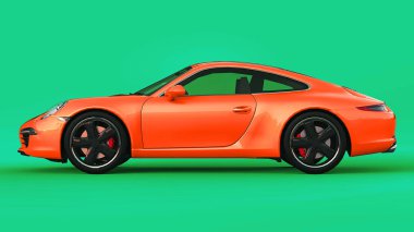 Turuncu Porsche 911'i üç boyutlu raster illüstrasyon yeşil bir arka plan üzerinde. 3D render.
