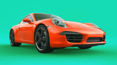 Turuncu Porsche 911'i üç boyutlu raster illüstrasyon yeşil bir arka plan üzerinde. 3D render.