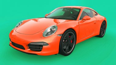Turuncu Porsche 911'i üç boyutlu raster illüstrasyon yeşil bir arka plan üzerinde. 3D render.