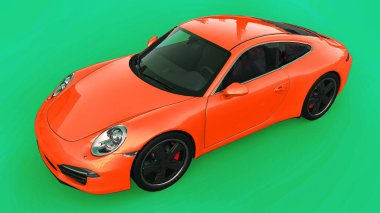 Turuncu Porsche 911'i üç boyutlu raster illüstrasyon yeşil bir arka plan üzerinde. 3D render.