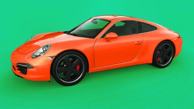 Turuncu Porsche 911'i üç boyutlu raster illüstrasyon yeşil bir arka plan üzerinde. 3D render.