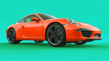 Turuncu Porsche 911'i üç boyutlu raster illüstrasyon yeşil bir arka plan üzerinde. 3D render.