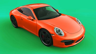 Turuncu Porsche 911'i üç boyutlu raster illüstrasyon yeşil bir arka plan üzerinde. 3D render.