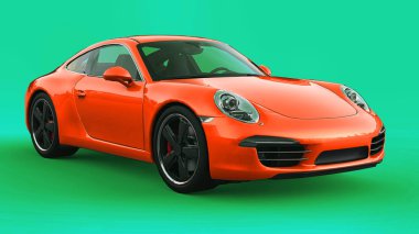 Turuncu Porsche 911'i üç boyutlu raster illüstrasyon yeşil bir arka plan üzerinde. 3D render.