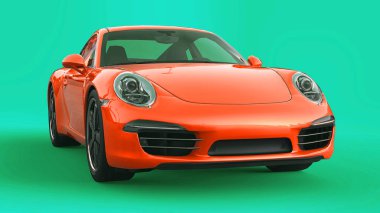 Turuncu Porsche 911'i üç boyutlu raster illüstrasyon yeşil bir arka plan üzerinde. 3D render.