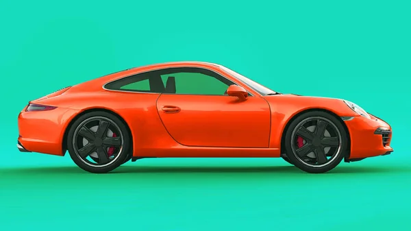 Orangefarbene Porsche 911 dreidimensionale Rasterdarstellung auf grünem Hintergrund. 3D-Darstellung. — Stockfoto