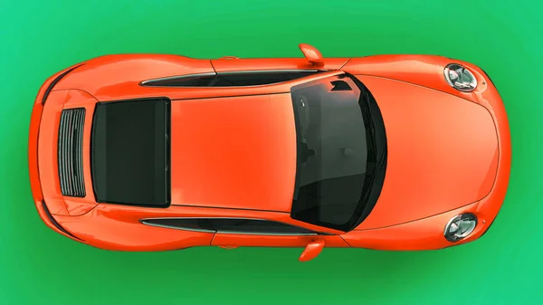 Orange Porsche 911 three-dimensional raster illustration on a green background. 3d rendering. — Stock Photo, Image