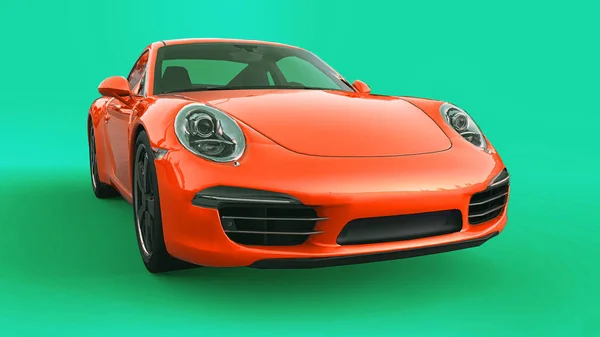Πορτοκαλί Porsche 911 raster τρισδιάστατη απεικόνιση σε πράσινο φόντο. 3D rendering. — Φωτογραφία Αρχείου