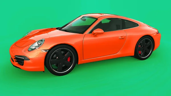 Orange Porsche 911 трёхмерная растровая иллюстрация на зелёном фоне. 3d-рендеринг . — стоковое фото