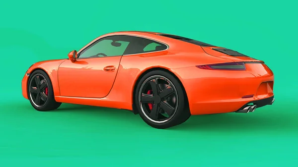 Помаранчевий Porsche 911 тривимірних растрових ілюстрації на зеленому фоні. 3D-рендерінг. — стокове фото