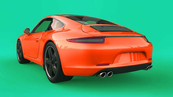 Narancs Porsche 911 háromdimenziós raszteres illusztráció egy zöld háttér. 3D-leképezés. — Stock Fotó