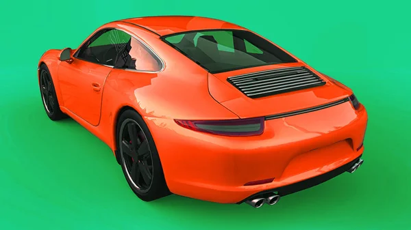 Orange Porsche 911 trojrozměrný rastrového obrázku na zeleném pozadí. 3D vykreslování. — Stock fotografie