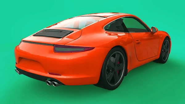 Narancs Porsche 911 háromdimenziós raszteres illusztráció egy zöld háttér. 3D-leképezés. — Stock Fotó