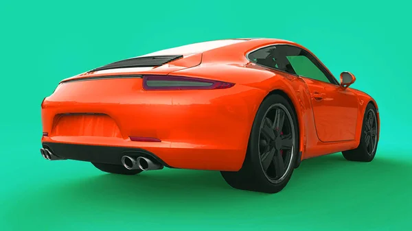 Oranje Porsche 911 driedimensionale raster illustratie op een groene achtergrond. 3D-rendering. — Stockfoto