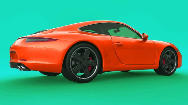 Narancs Porsche 911 háromdimenziós raszteres illusztráció egy zöld háttér. 3D-leképezés. — Stock Fotó