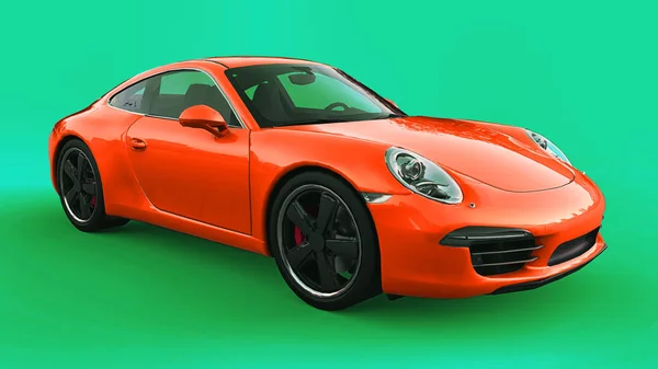 Narancs Porsche 911 háromdimenziós raszteres illusztráció egy zöld háttér. 3D-leképezés. — Stock Fotó