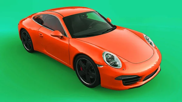 Narancs Porsche 911 háromdimenziós raszteres illusztráció egy zöld háttér. 3D-leképezés. — Stock Fotó