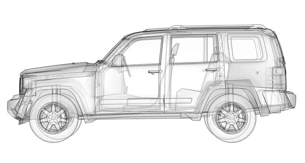 SUV transparan dengan garis lurus sederhana dari tubuh. Rendering 3d . — Stok Foto
