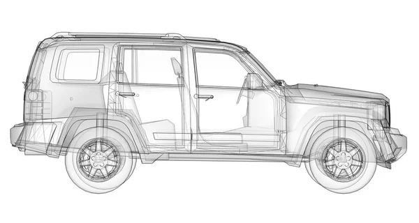 SUV transparan dengan garis lurus sederhana dari tubuh. Rendering 3d . — Stok Foto