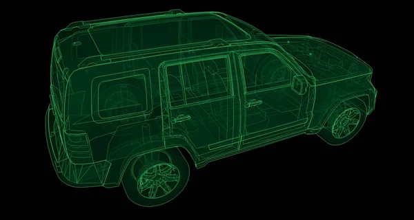 Transparenter Geländewagen mit einfachen geraden Linien der Karosserie. 3D-Darstellung. — Stockfoto