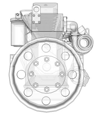 Grafik kağıdı kontur satırları tasvir kamyon ile büyük bir dizel motor. Siyah çizgi beyaz arka plan üzerinde kıvrımlarına.