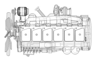 Grafik kağıdı kontur satırları tasvir kamyon ile büyük bir dizel motor. Siyah çizgi beyaz arka plan üzerinde kıvrımlarına.