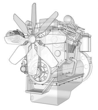 Grafik kağıdı kontur satırları tasvir kamyon ile büyük bir dizel motor. Siyah çizgi beyaz arka plan üzerinde kıvrımlarına.