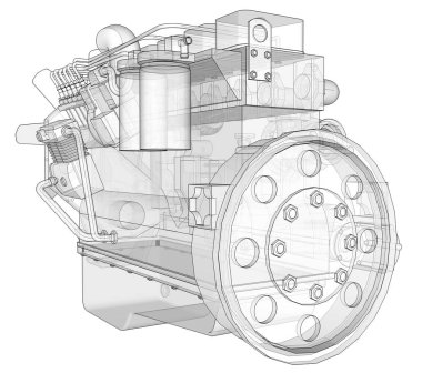Grafik kağıdı kontur satırları tasvir kamyon ile büyük bir dizel motor. Siyah çizgi beyaz arka plan üzerinde kıvrımlarına.