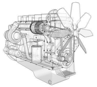 Grafik kağıdı kontur satırları tasvir kamyon ile büyük bir dizel motor. Siyah çizgi beyaz arka plan üzerinde kıvrımlarına.