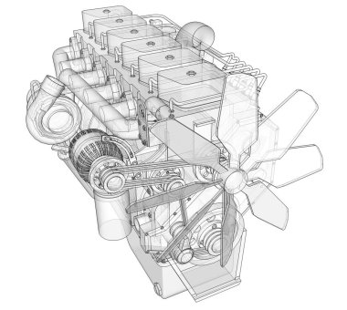 Grafik kağıdı kontur satırları tasvir kamyon ile büyük bir dizel motor. Siyah çizgi beyaz arka plan üzerinde kıvrımlarına.