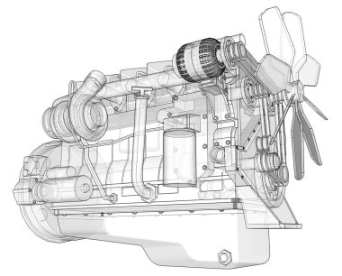 Grafik kağıdı kontur satırları tasvir kamyon ile büyük bir dizel motor. Siyah çizgi beyaz arka plan üzerinde kıvrımlarına.