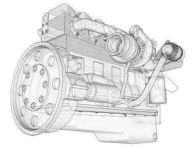 Grafik kağıdı kontur satırları tasvir kamyon ile büyük bir dizel motor. Siyah çizgi beyaz arka plan üzerinde kıvrımlarına.