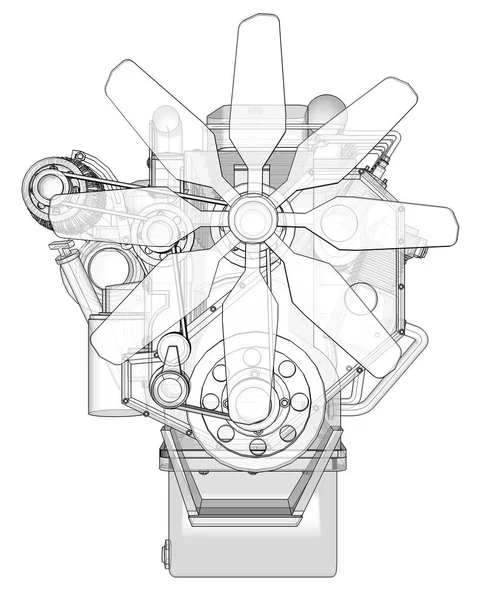 Um grande motor diesel com o caminhão representado nas linhas de contorno em papel gráfico. Os contornos da linha preta no fundo branco . — Fotografia de Stock