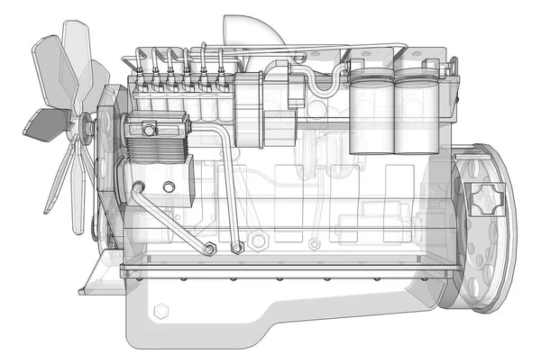 等高線グラフ紙の上に描かれているトラックと大きなディーゼル エンジン。白の背景に黒の線の輪郭. — ストック写真