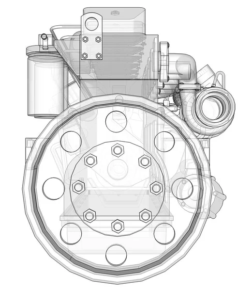 Um grande motor diesel com o caminhão representado nas linhas de contorno em papel gráfico. Os contornos da linha preta no fundo branco . — Fotografia de Stock