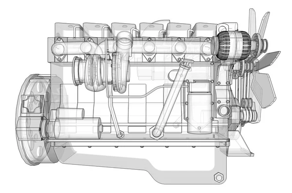 Um grande motor diesel com o caminhão representado nas linhas de contorno em papel gráfico. Os contornos da linha preta no fundo branco . — Fotografia de Stock