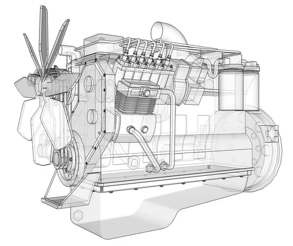 Um grande motor diesel com o caminhão representado nas linhas de contorno em papel gráfico. Os contornos da linha preta no fundo branco . — Fotografia de Stock