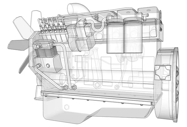 Un gran motor diesel con el camión representado en las líneas de contorno en papel gráfico. Los contornos de la línea negra sobre el fondo blanco . — Foto de Stock