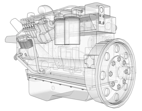 En stor dieselmotor med lastbilen skildras i konturlinjerna på rutat papper. Konturerna av den svarta linjen på den vita bakgrunden. — Stockfoto