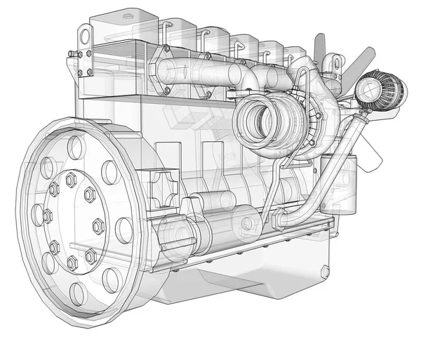 Un gran motor diesel con el camión representado en las líneas de contorno en papel gráfico. Los contornos de la línea negra sobre el fondo blanco . —  Fotos de Stock