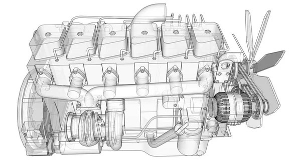 Un gran motor diesel con el camión representado en las líneas de contorno en papel gráfico. Los contornos de la línea negra sobre el fondo blanco . — Foto de Stock