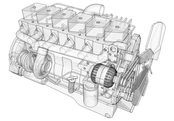 Een grote dieselmotor met de truck afgebeeld in de contour lijnen op grafiek papier. De contouren van de zwarte lijn op de witte achtergrond. — Stockfoto